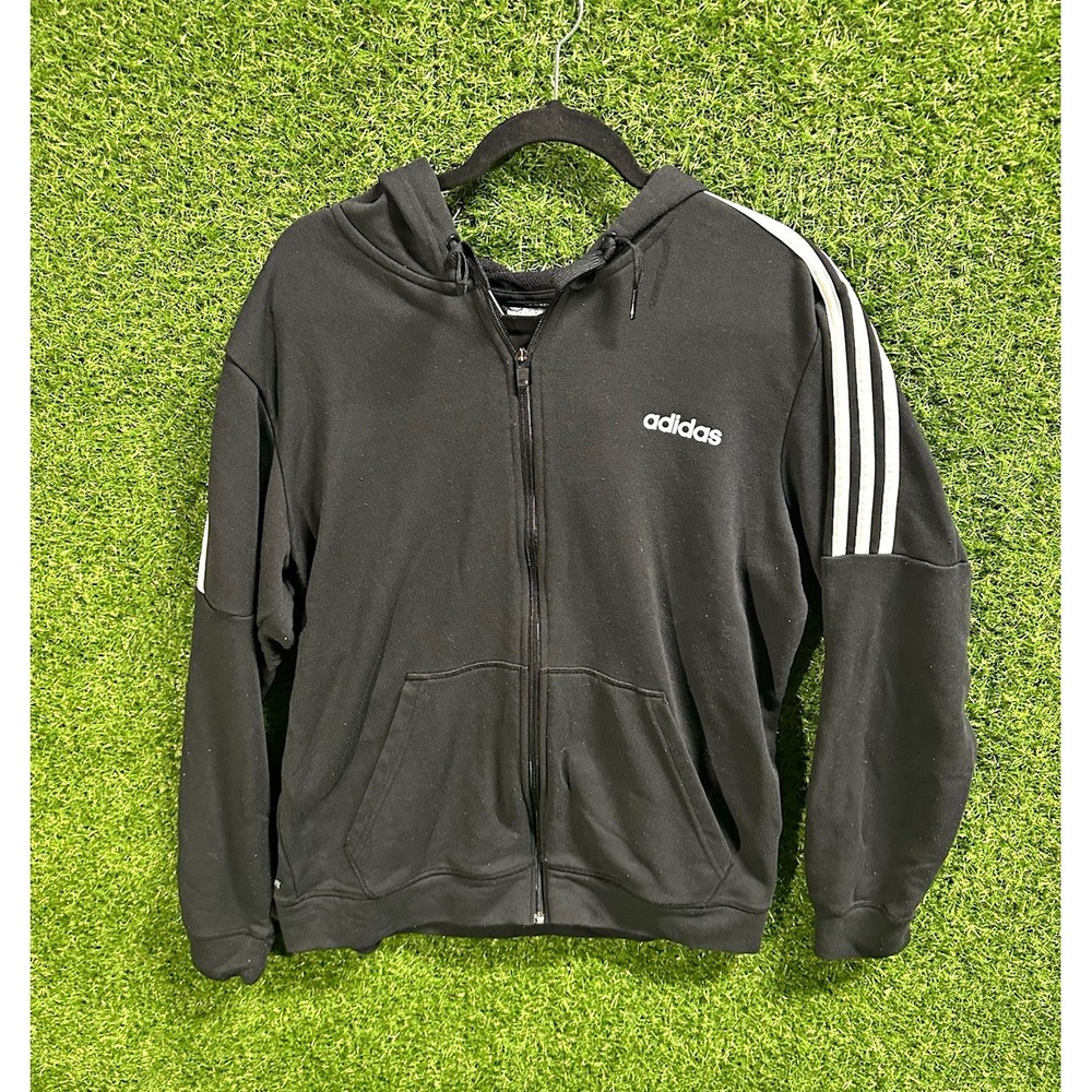 adidas Men's L Black Full Zip Hooded Hoodie Pockets Logo 3-Stripes Solid